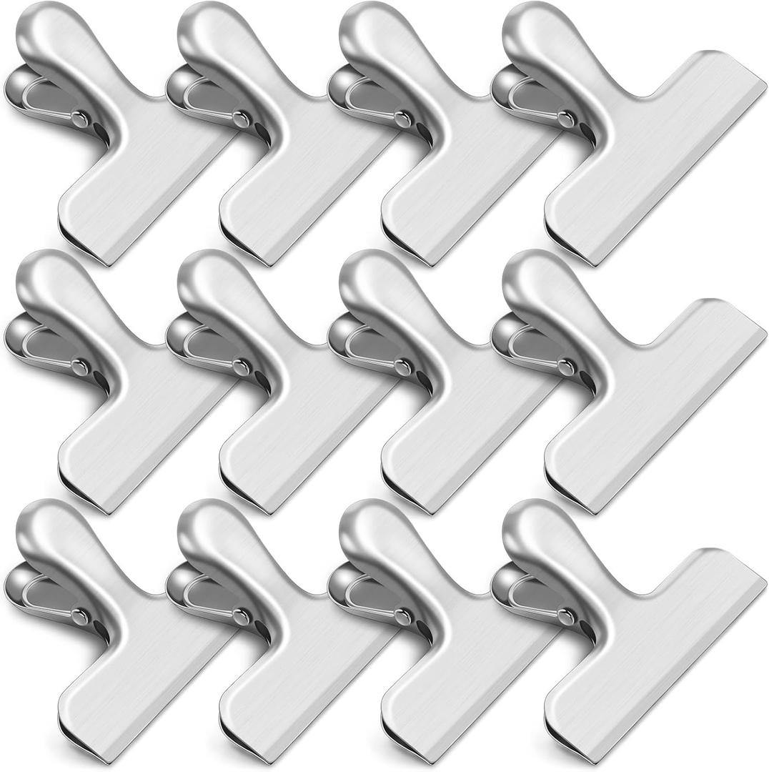 12 Pack Chip Clips, Stainless Steel Bag Clips Food Clip, Heavy Duty Bag Clip for Food Storage, Air Tight Seal Perfect for Kitchen Office Usage (Silver)
