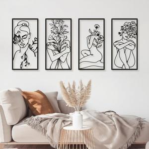 Bakovity Black Metal Wall Art, Abstract Woman Wall Decor, Minimalist Flower Line Wall Decor, Modern Aesthetic Metal Wall Art for Bedroom Bathroom Living Room (4 Pcs, 17 x 9 in) Black Flower