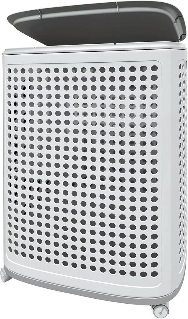 Laundry Basket with Wheels & Lid, Rolling Clothes Hamper with Lid for Laundry Room, College Dorm, Bathroom, Bedroom - Ventilated Plastic Storage Basket with Handle, White (Medium)