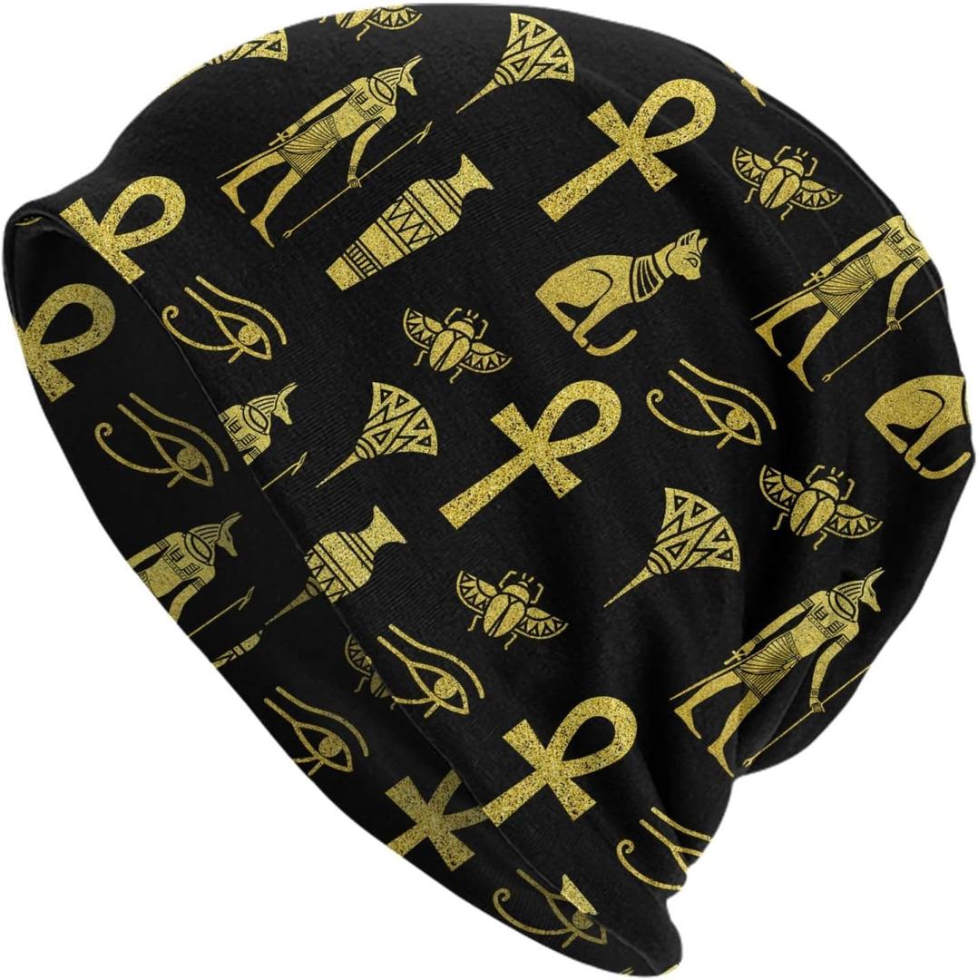 Beanie Hat Slouchy Knitted Cap for Adults Men Women Skull Hat Cancer Chemo Headwear Gift Jogging Cycling Warm Cap (1, Ankh Cross Egypt)