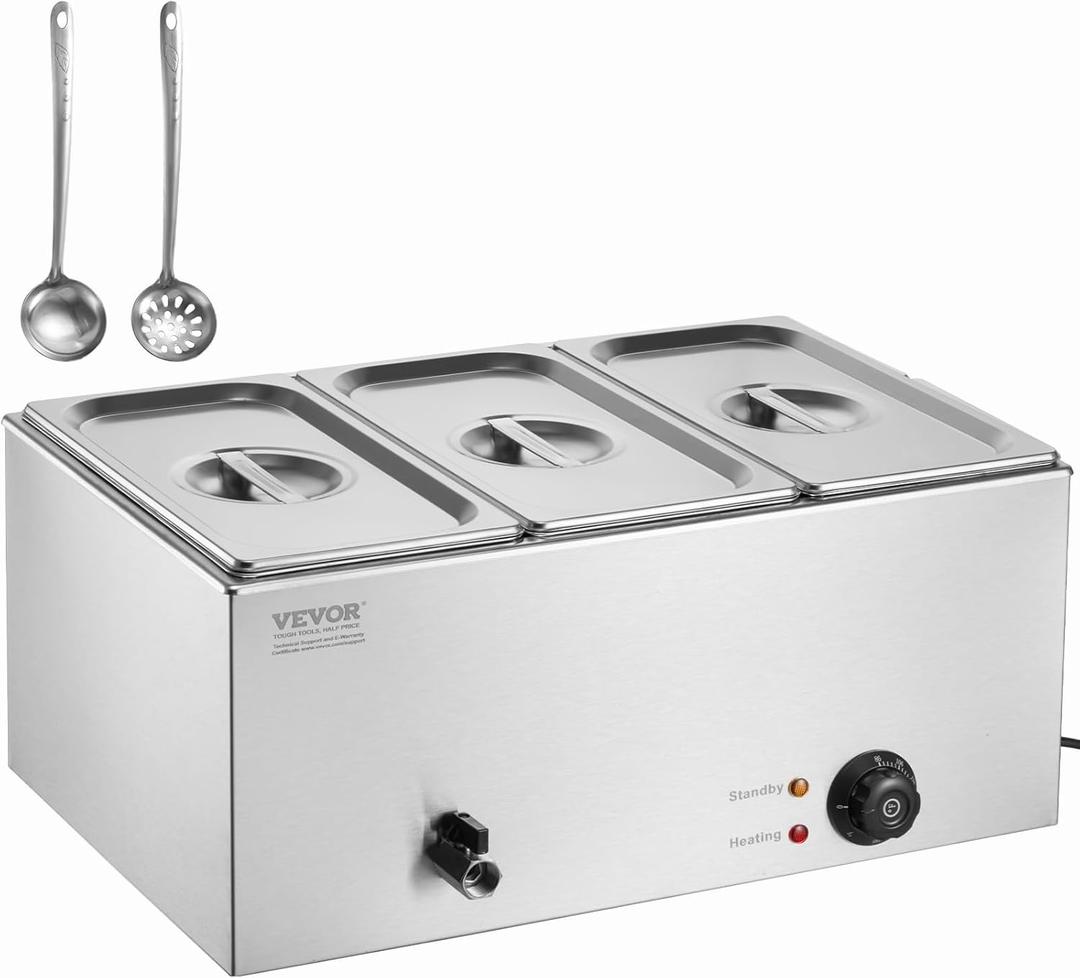 VEVOR 3-Pan Commercial Food Warmer, 24QT Electric Steam Table, 1200W Professional Countertop Stainless Steel Buffet Bain Marie with 86-185F Temp Control for Catering and Restaurants, Silver (3x1/3Pan ;24QT)