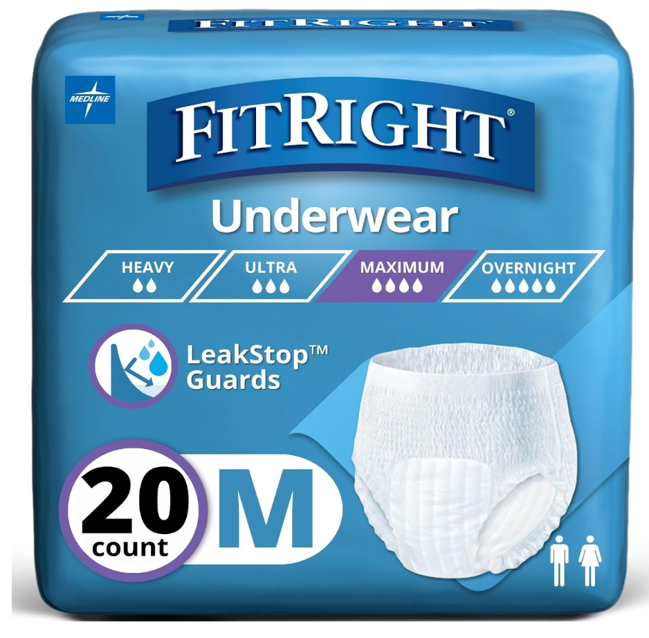 FitRight Super Protective Incontinence Underwear, Maximum Absorbency, Medium, 28 to 40", 4 Packs of 20 (80 Total)