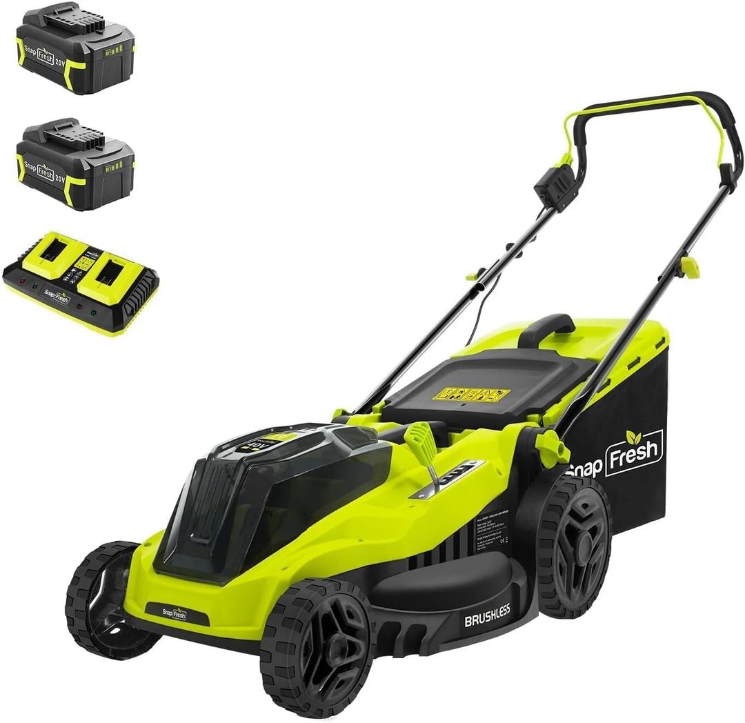 SnapFresh Electric Lawn Mower Cordless - 40V (2 x 20V) 16 Brushless Push Lawn Mowers with 4.0Ah Battery x 2 and Fast Charger Included - Battery Operated Lawn Mower with Bagger