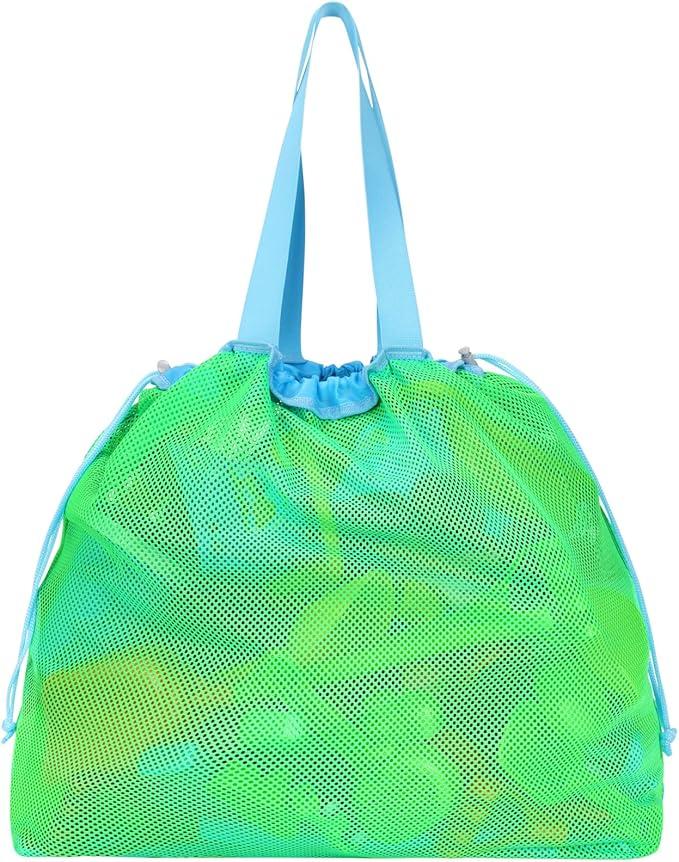 Extra Large Mesh Beach Toy Bag With Drawstring - Lightweight Tote for Sand Toys, Children's Storage Bag for Travel Essentials, Neon Green