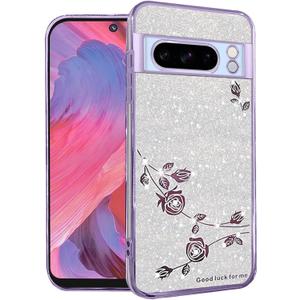 for Google Pixel 8 Pro Case Clear Glitter Sparkle Aesthetic Google Pixel 8 Pro Phone Case Silicone TPU Soft Flower Transparent Shockproof Cover Pruple Thin (Silver-Purple)