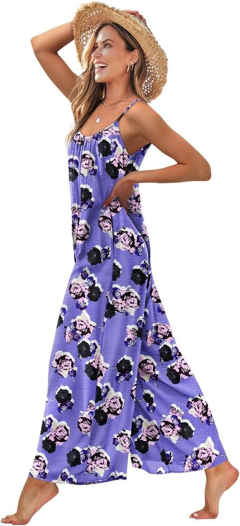 YESNO Casual Wide Leg Jumpsuits for Women Boho Floral Pleated Wide Leg Overalls Rompers Vacation Outfits with Pockets PIA (Purple, XL)