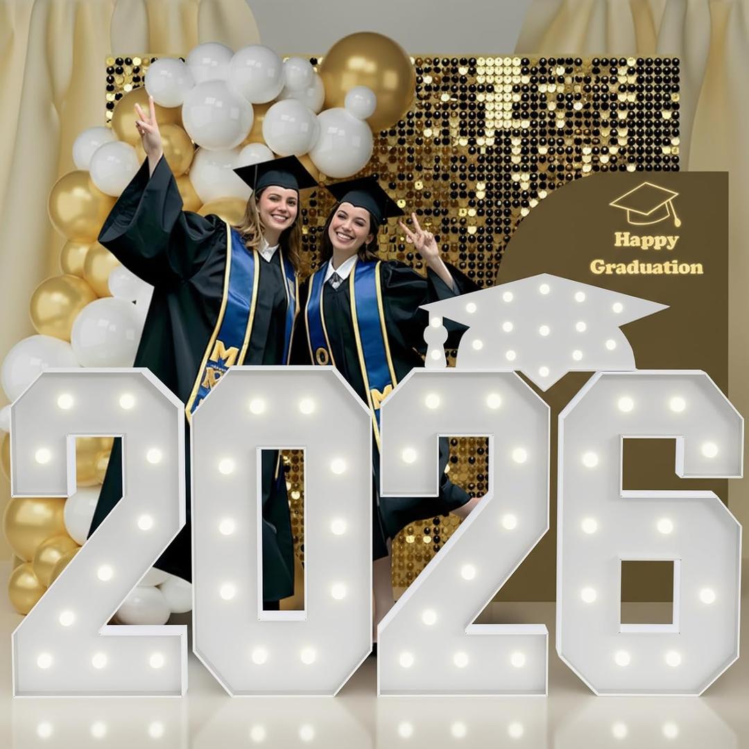 2026 Graduation Decorations Marquee Numbers: 4FT Large Light Up Numbers Grad Decorations Class of 2026 Sign for Graduation Party Preschool High School College White Foam Board Backdrop Pack of 5