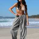 TARSE Womens Linen Wide Leg Striped Pants Casual Barrel Palazzo Harem Pants | Gingham Pants, Loose Fit Drawstring Baggy Pants, Side Pockets, Lounge Pants, Beach Travel Vacation Trousers L