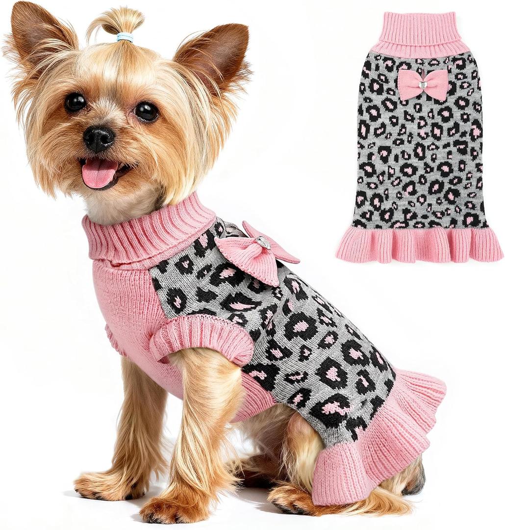 WOYYHO Dog Sweater Dress for Small Dogs Girl with Bowtie Turtleneck Dog Sweaters with Leash Hole Warm Knitted Puppy Sweater Pet Dogs Winter Clothes for Yorkies Chihuahua (S, Pink Leopard Dress)