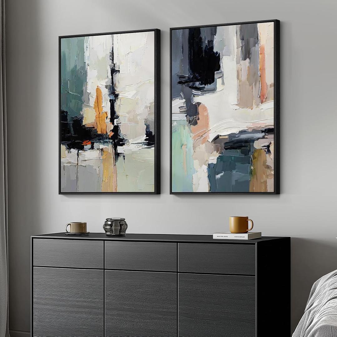 Large Framed Colorful Abstract Wall Art, Set of 2 Modern Canvas Prints Paintings Artwork for Walls, Bright Blue Green Multicolor Pictures for Living Room Hallway Dining Bedroom Wall Decor 20x30 In