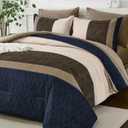 Dinjoy Navy Brown King Size Comforter Set,Striped Boho Bed in a Bag King 7 Pieces Soft Fall Bedding Comforters Sets wiht Sheets Microfiber Complete Bed Sets for All Season
