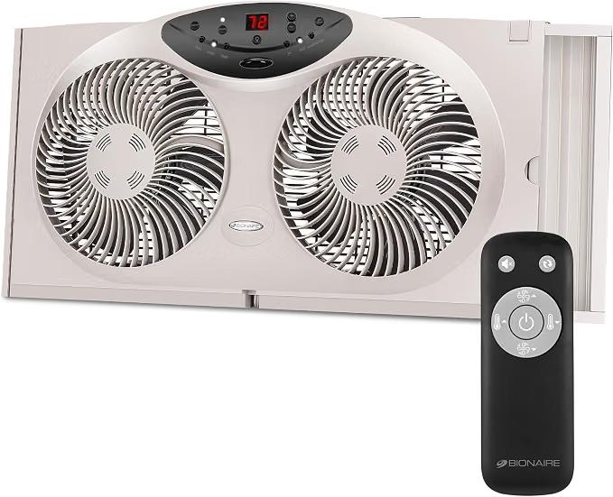 Bionaire Window Fan with Reversible Airflow Blades 3-Speed Settings, Programmable Thermostat, LED Display, Remote Control, Fits 2436" Windows, No Assembly Required