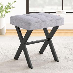 LUE BONA Vanity Stool  Square Linen Makeup Seat With Metal X Legs, Small Ottoman Chair for Makeup Room, Living Room, Bathroom  Modern Padded Foot Rest, Dark Gray
