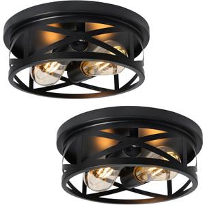 2-Light Flush Mount Ceiling Light Fixture, Farmhouse Ceiling Lights for Kitchen, Modern Black Close to Ceiling Light for Hallway Bedroom Balcony Porch Stairway, E26, (2 Pack) (10.8 inch)