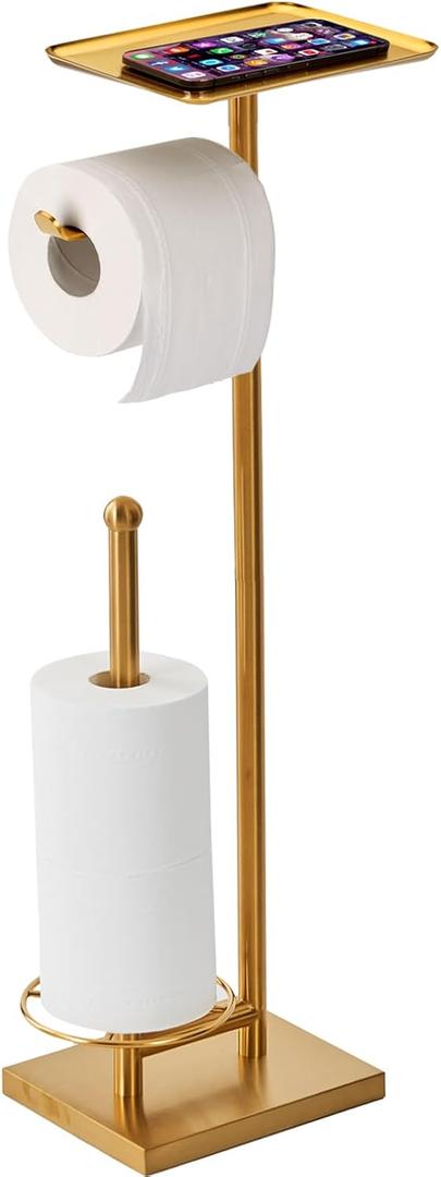 Sfemn Toilet Paper Holder with Tray at The Top, Heavy-Weighted Base No Wobbly, Freestanding Toilet Paper Rolls Stand, Hold Extra 3 Paper Rolls On The Base (Gold)
