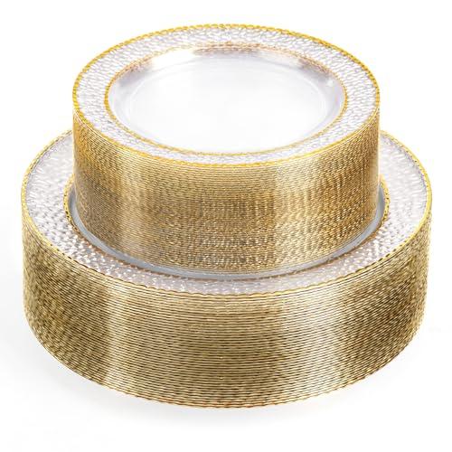 Ciselure 100PCS Clear Plastic Plates, Heavy Duty Disposable Plastic Plate with Gold Rim, Elegant 50 Dinner and 50 Dessert Plates for Wedding and Party
