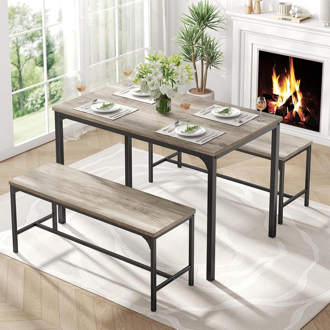 DUMOS Dining Table Set, Dining Table for 4 with Bench,Kitchen Table, Space-Saving Ideal 4-Person Set for Dining Room Kitchen Apartment Corner Grey 3 Pack
