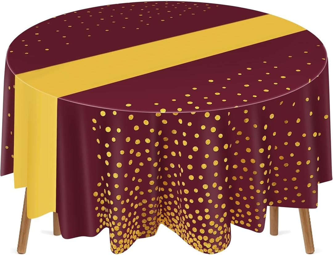 Newwiee 3 Pcs 84 Inch Polka Dot Round Disposable Tablecloths Plastic Table Cover Plastic Table Cloth with Runner Printed for 2025 Graduation Birthday Party Wedding Prom (Maroon)
