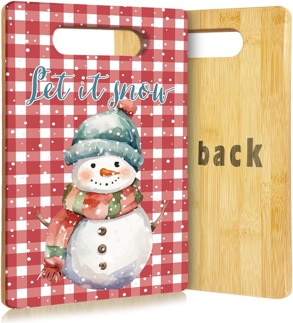 Winter Snowman Cutting Board, Christmas Gifts for Women, Snowman Kitchen Decor, Xmas Let it Snow Red and White Buffalo Plaid Decorative Bamboo Cutting Chopping Boards for Kitchen (11.2"L x 7.6"W)