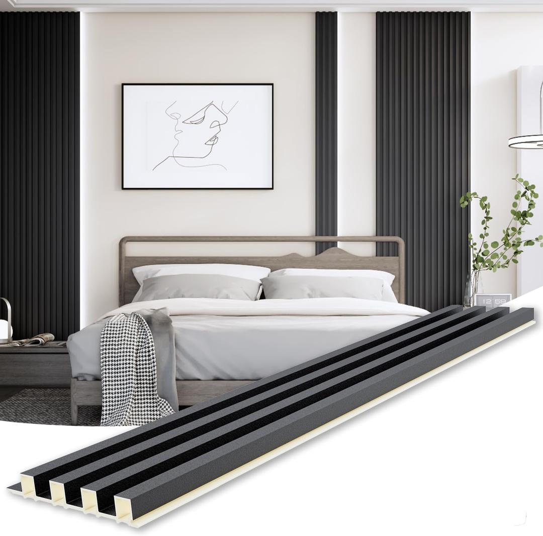 WPC Slat Wall Paneling, Modern Accent 3D Wall Panels, 8-Piece 94.5" x 6.3" TV Wall Panel, Bedroom, Living Room, Matte Black