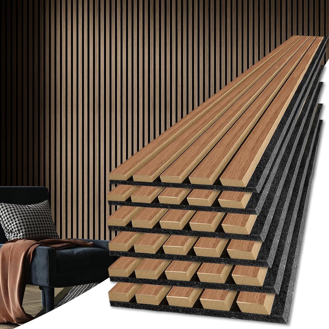 Art3d 6-Piece Wood Slat Acoustic Panels for Stylish Decor and Noise Reduction, 3D Textured Panel for Ceiling and Wall, Walnut (6Pcs - 94.5 * 7.9 inch)