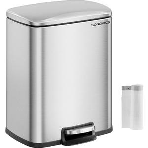 SONGMICS Trash Can, Garbage Can with Lid, 5.2-Gallon (20L) Step Trash Bin for Kitchen, Stainless Steel, Soft Close and Stays Open, Inner Bucket, Includes 15 Trash Bags, Silver ULTB543E01