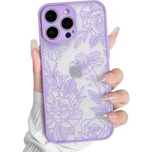 NITITOP Compatible with iPhone 13 Pro Max Case Cute Aesthetic Floral Flower Vintage Rose Pattern Matte Clear Women Girl Full Camera Lens Slim Hard PC Shockproof Pritective Cover - Purple