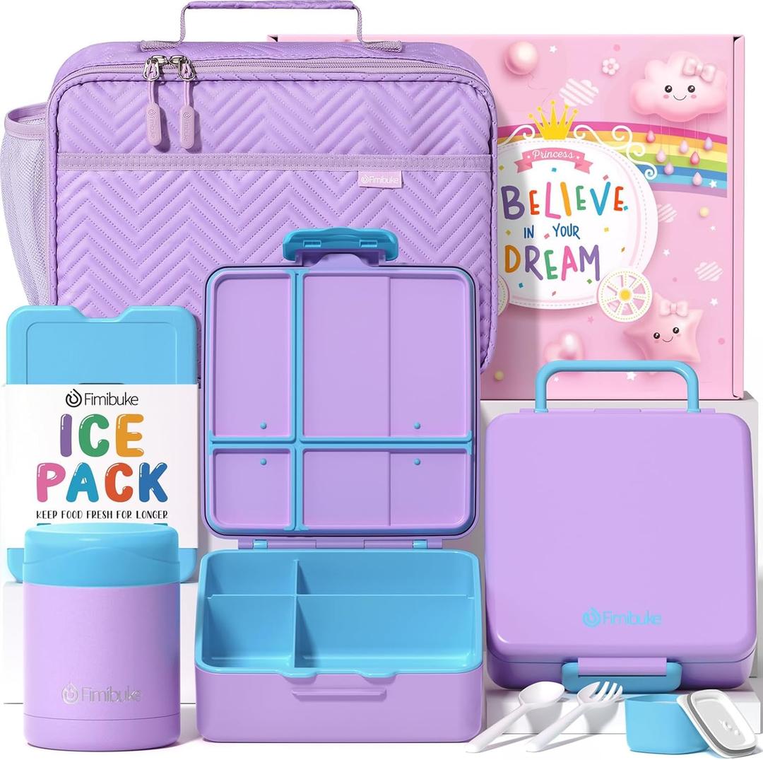 Fimibuke Kids Bento Snack Lunch Box with 4 Compartment, Insulated Bag, Stainless Steel Vacuum Thermos Food Jar, Ice Pack, Utensils Set, Birthday Gift for Age 3-12 Back to School Toddler Girl Boy Adult (B2.Purple & Blue)