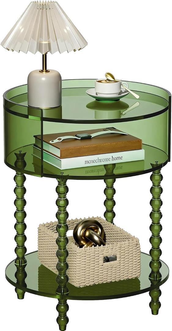 Modern Acrylic Round Side Table, End Table for Living Room, Clear Nightstand for Bedroom, Lobby and Office, Easy Assembly (Green, Nomal), Small
