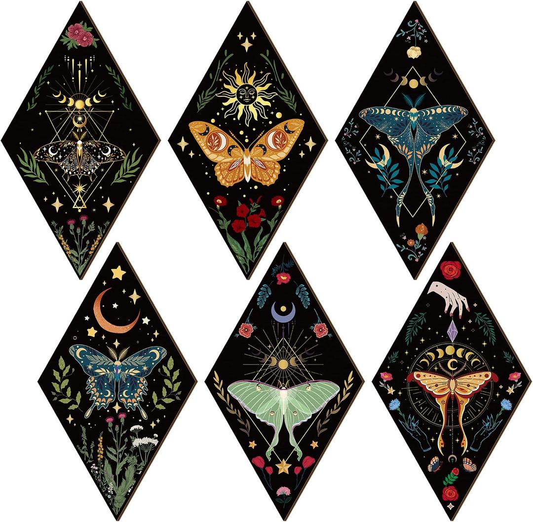 Sintuff 6 Pieces Gothic Wall Decor Boho Sun Moon Phases Wall Art Gothic Minimalist Stars Sun Hanging Wooden Home Decor Farmhouse Pediments for Gallery Living Bedroom Room(Butterfly)