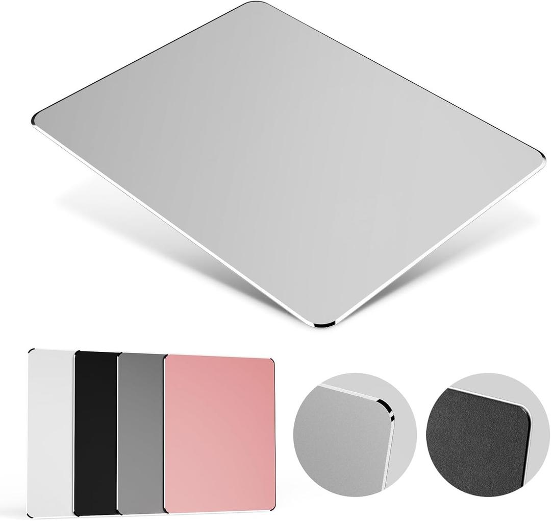 HONKID Hard Metal Mouse Pad for Desk, Aesthetic Rigid Mouse Pad for Magic Mouse and Pro/Air with Stable Rubber Base, Aluminum Mousepad for Travel and Home Office (Silver) (9.1L x 7.1W inches)