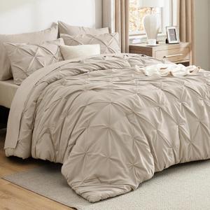 Bedsure California King Comforter Set Beige - Bed in a Bag California King Size 7 Pieces, GentleSoft Pintuck Bed Set Gift for Family, Pinch Pleat Beige Comforter with Sheets, Pillowcases & Shams (02 - Beige)