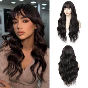 Dark Brown Wig With Bangs Long Wavy Wigs for Women 26 Inch Curly Wavy Wig With Bangs Natural Looking Synthetic Heat Resistant Fiber Wig for Daily Party Use