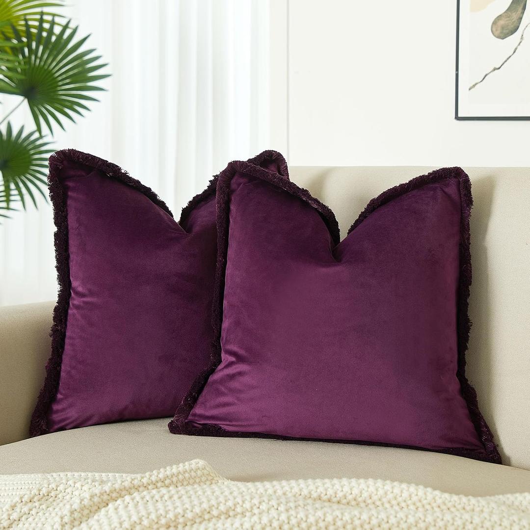 JUSPURBET Pack of 2 Eggplant Decorative Fringe Velvet Throw Pillow Covers 26x26 for Home Decor Living Room Bedroom Car Boho Soft Cushion Cover with Hidden Zipper Machine Washable
