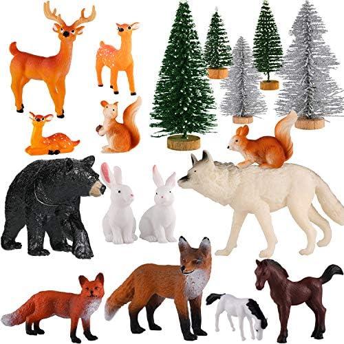 Skylety 18 Pcs Forest Animal Figures Toy Set with Trees, Woodland Animal Toys for Kids Pretend Play, Wildlife Figurines Learning Playset for Toddlers Classroom Diorama Party Decorations