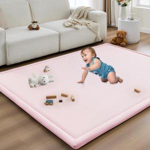 Baby Play Mat for Floor Nursery Rug Muscle Area Playroom Rug Elastic Foam 79x110" Playpenmat Elastic Foam 1.3" Thick Crawling Mat for Babies,Toddlers, Infants, Kids(Plaid Light Pink)