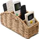 Handwoven Remote Control Holder Basket, Boho Desk Organizer with 5-Compartment Storage TV Remotes, Office Supplies for Living Room, Bedroom, Office (Natural)