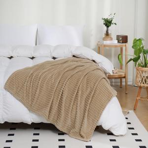 Puncuntex Flannel Fleece Throw Blanket Khaki 108"x90",Super Soft Plush Cozy Blanket with Square Grid Design Luxury for Couch Sofa Chair