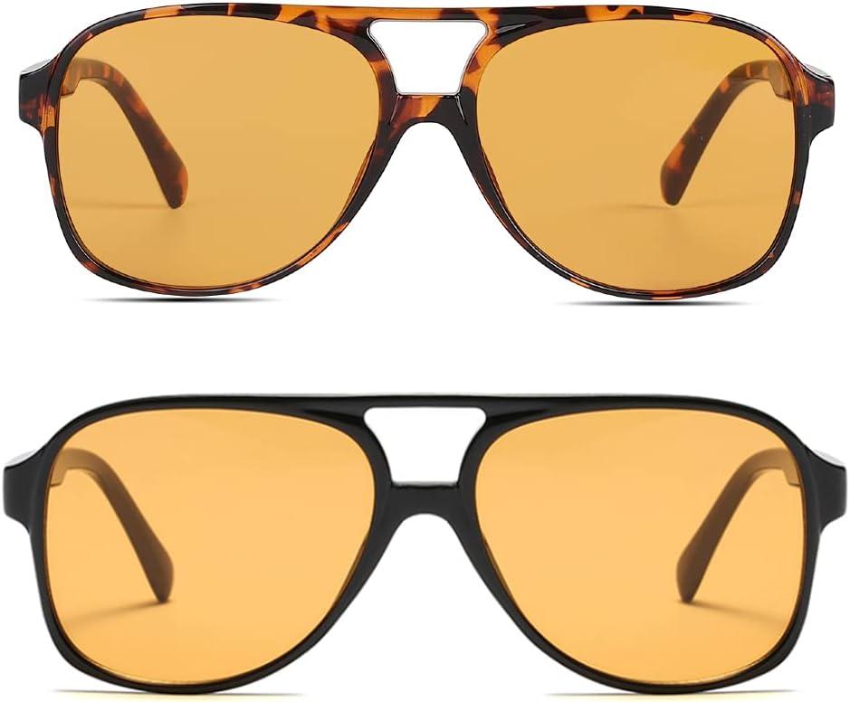Freckles Mark Vintage Retro 70s Sunglasses for Women Men Classic Large Square Aviator Trendy Glasses (2p: Yellow & All Tortoise Brown)