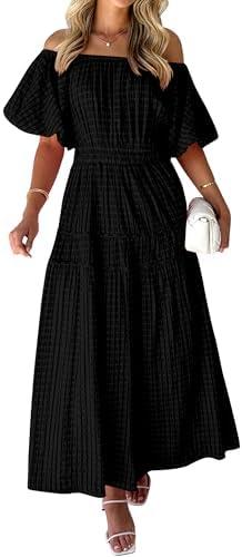 MASCOMODA Off The Shoulder Flowy Maxi Dress for Women 2024 Summer Casual Puff Short Sleeve Smocked Ruffle Beach Long Dresses Small