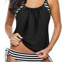 Century Star 2025 Women's Tummy Control Tankini Swimsuit 2 Piece Modest Print Tankini Bathing Suit Tops with Short (6-8, Black)