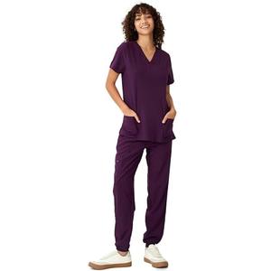 floralhue Scrubs for Women, V-Neck Scrubs Top & Cargo Pants, Scrubs Set with 10 Pockets, Yoga Waistband, 4 Way Stretch, Dark Purple, Large