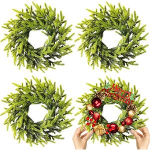 4 Pcs Christmas DIY Gree Wreath 10 Inch Green Artificial Wreaths DIY Faux Plain Wreaths Front Door Green Farmhouse Cabinets Wreath Indoor Outdoor Wall Decor(Pine Needle)