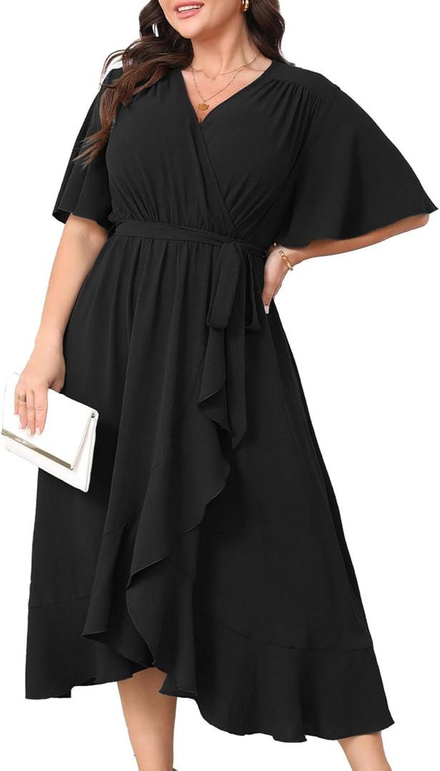 Plus Size Formal Wedding Guest Cocktail Dresses for Curvy Women Maxi Dress Wrap V Neck Short Sleeve (XX-Large Plus, Black)