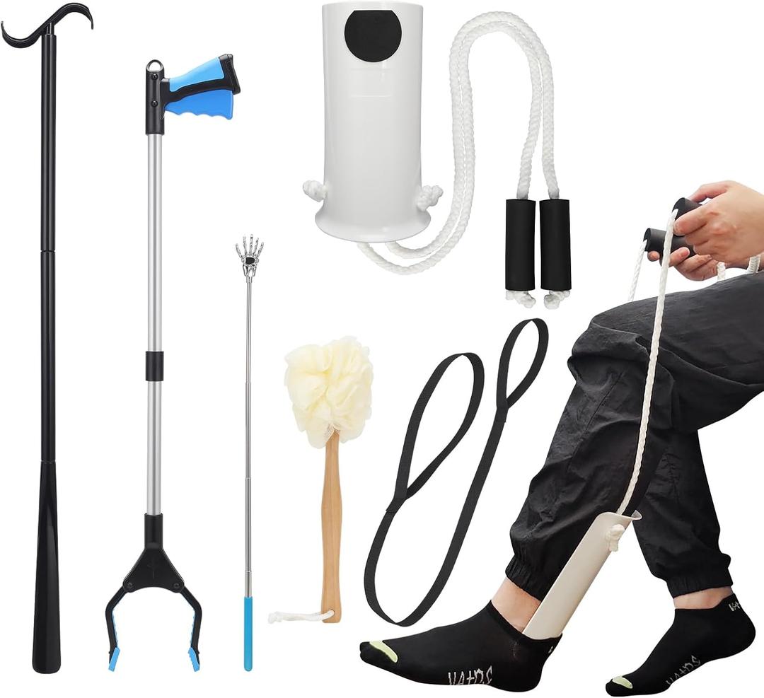6PC Hip Replacement Recovery Kit, Includes Sock Aid, Long Handle Shoe Horn, Grabber Reacher, Telescoping Back Scratcher, Leg Lifter, Long Handled Bath Sponge, Aids for Postoperative Recovery