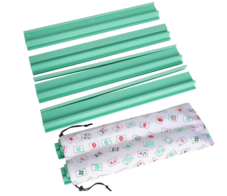 LUMIVIA Mahjong Racks with Pushers, Green Wooden American Mahjong Tile Pushers and Racks Set of 4, with White Printed Mahjong Racks Drawstring Bag, Mahjong Accessories (19.68 Inches)