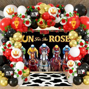 Derby Balloons Garland Arch Kit Kentucky Horse Derby Party Decorations with Roses Garland and Run for the Rose Backdrop for Horse Racing Kentucky Party Supplies