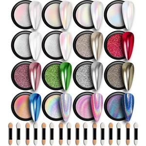 GELPARTY 16 Colour Chrome & Holographic Nail Powder Kit – Mirror-Effect Metallic Nail Art Pigment Set for UV/LED Gel Nails, Professional DIY Home Salon Finish