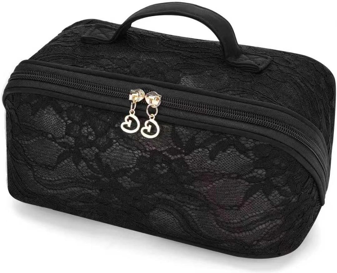 2026 New Makeup Bag for Women Girls,Lace Large Capacity Cosmetic Bag,Open Flat Travel Toiletry Bag,Hollow Out Makeup Organizer Bag With Divider and Handle(Black)