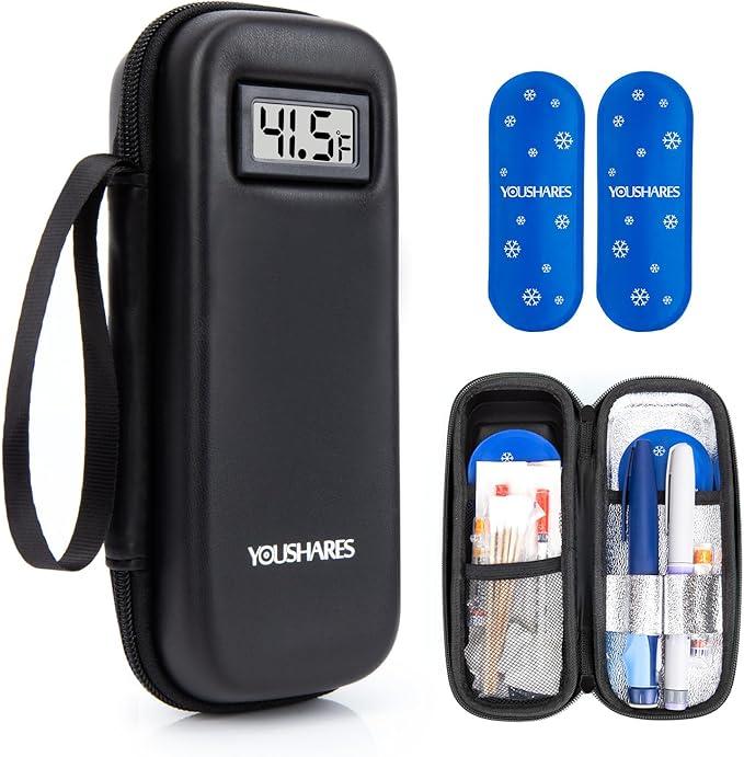 YOUSHARES Insulin Cooler Travel Case with Temperature Display - Refrigerated Medicine Cooling Bag with 2 TSA Approved Ice Pack, Medication Pen Diabetic Supplies Organizer for Trip and Daily